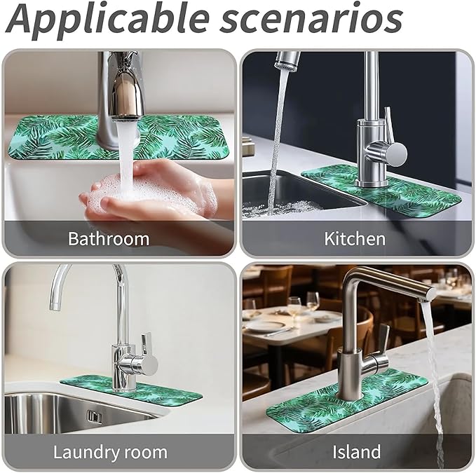 Kitchen Sink Splash Guard,Green palm leaves Faucet Mat Sink Gadgets-Super Absorbent Fast Drying Mat Drip Catcher for Kitchen, Bathroom,Sink Mat, Dish Drying Mat, Bathroom(15" X 5.5" )