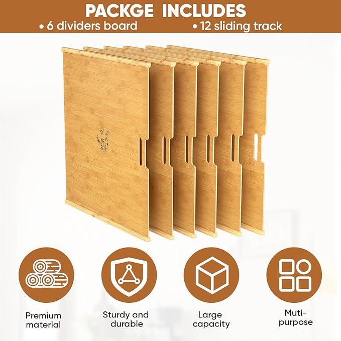 6 Set Wooden Tray Dividers for Cabinets, Kitchen Cookie Baking Sheet Organizer for Cabinet with 12 Slideways & 36 Screws, DIY Cabinet Dividers for Kitchen, Pantry, Closet, Easy to Install