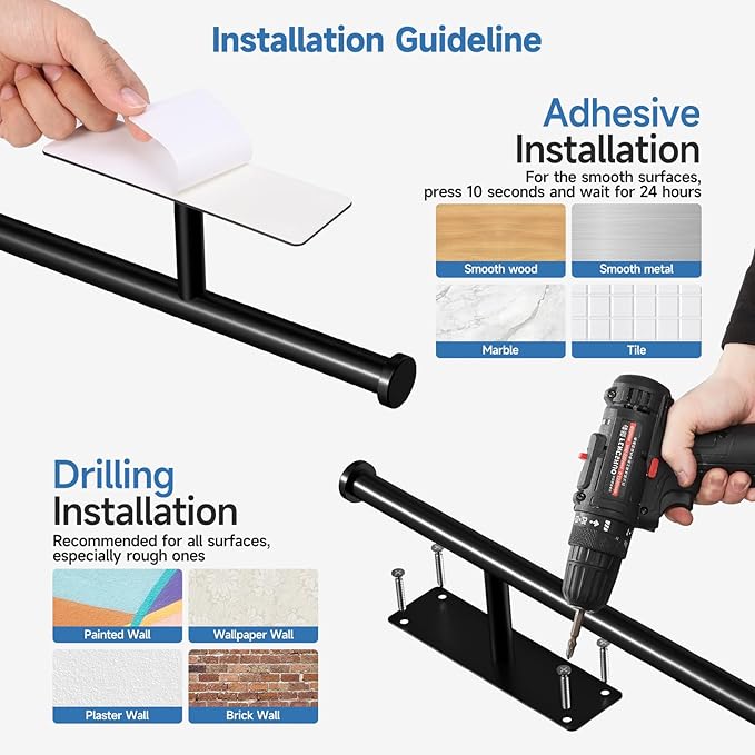 Dual-Purpose Paper Towel Holder Under Cabinet, Upgrade with 4.7in Extended and 5pcs S-Hooks, Adhesive or Screw Wall Mount, Stainless Steel Under Counter Paper Roll Holder for Kitchen Garage (Black)