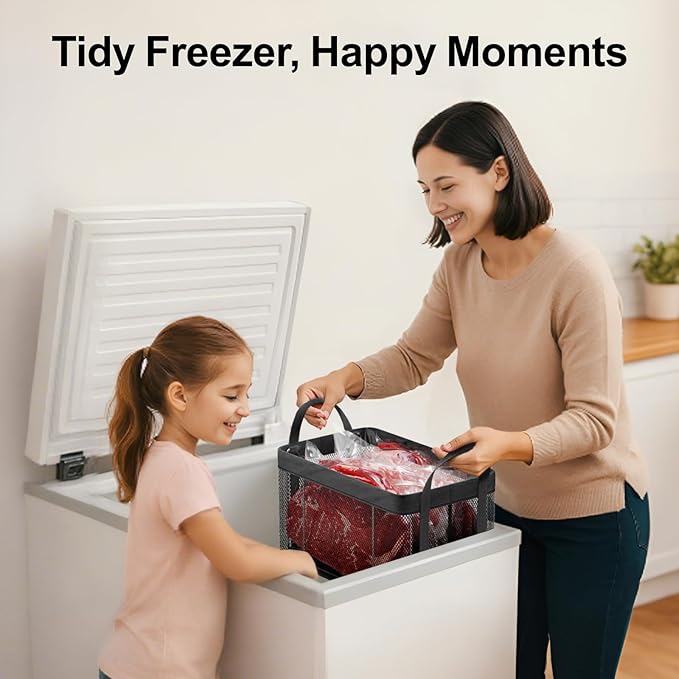 iSPECLE Deep Freezer Organizer Bins - 2 Pack 15" Large Stackable Freezer Organizer Bins for 5 to 7 Cu.Ft Chest Freezer, Sturdy Fabric & Stainless Steel for Meat & Vegetables, Easy Access, Black