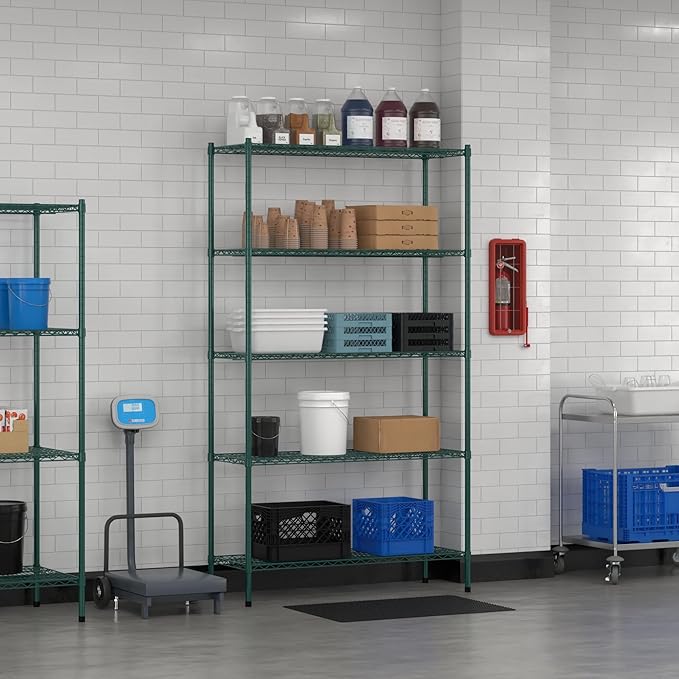 Commercial NSF Listed Green Epoxy Stationary Wire Shelving Kit 18" x 48" x 86", with 5 Shelves Perfect for Warehouse, Walk-in Refrigerator, Freezer, Grocery Store, Restaurant, Dishroom