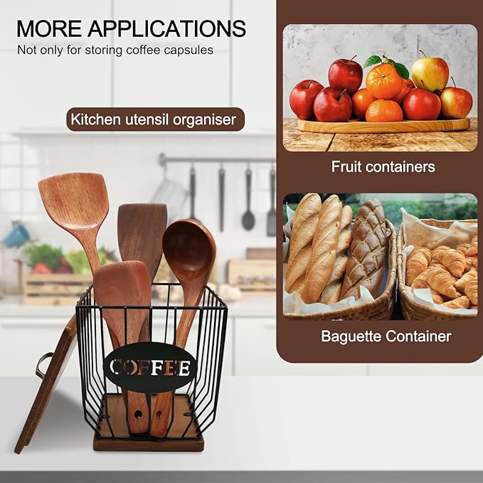 Square Coffee Pods Holder with Wooden Lid and Base,Large Capacity Wire Coffee Pods Storage Basket for Home Cafe Bar Countertop Decor(Black)