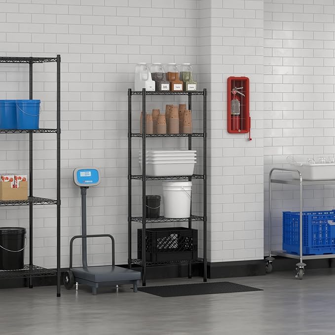 Commercial NSF Listed Black Epoxy Stationary Wire Shelving Kit 12" x 24" x 64", with 5 Shelves Perfect for Warehouse, Walk-in Refrigerator, Freezer, Grocery Store, Restaurant, Dishroom