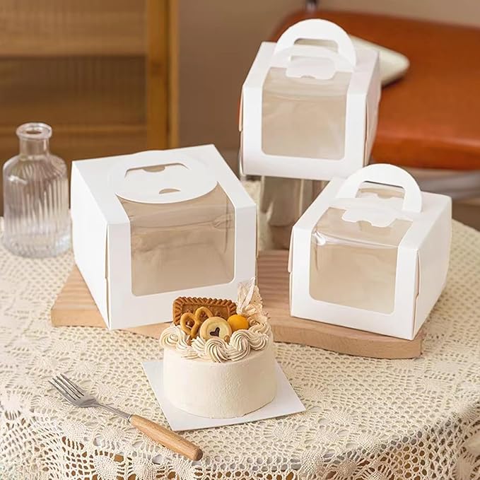 25 Pcs 5x5x4 Inch White Cake Boxes with Handle & Boards, Easy Carrying Paper Cake Containers, Cake Holder Window Carriers for Birthday Christmas Birthday Wedding, Party, Gift