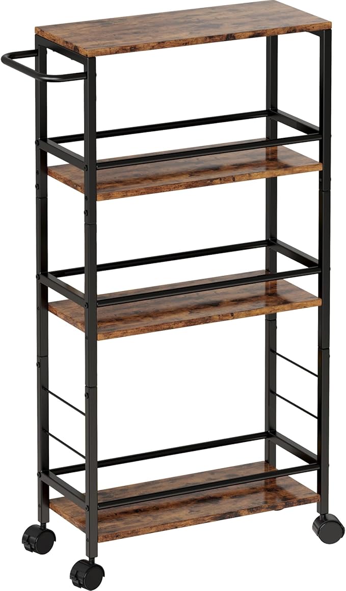 Narrow Storage Cart with Wheels, 4-Tier Narrow Kitchen Carts Slim Rolling Cart, Skinny Storage Cart, Snack Cart Slim Laundry Carts with Handle for Livingroom, Diningroom, Office(Rustic Brown, Black)