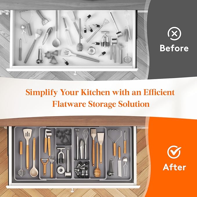 Lifewit Expandable Utensil Organizer for Kitchen Drawer, Adjustable Cooking Silverware Tray, Plastic Cutlery Flatware Holder, Spatula Tools Gadgets Storage Divider, 53-91 x 43cm, Plastic, Gray
