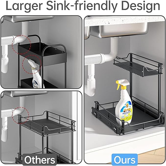 Under Sink Organizer, 2 Tier Pull Out Cabinet Organizer and Storage for Kitchen Fully Extendable Slide out, Heavy Duty Under Sink Storage for Bathroom Laundry Kitchen Pantry Closet (Black Large Size)