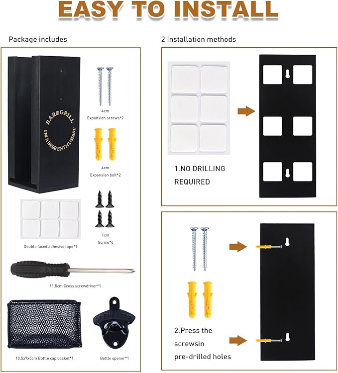 3-in-1 Can and Bottle Cooler Holder with Opener - Wooden Beer Sleeves Organizer & Dispenser - Wall Mounted Storage - Ideal for Home Bars and Parties(Black)