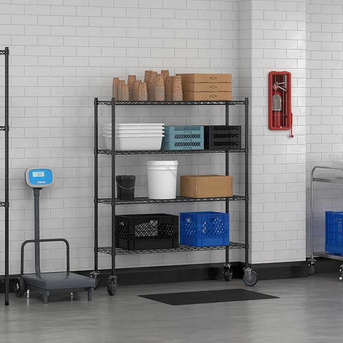 Commercial NSF Listed Black Epoxy Mobile Wire Shelving Kit 14" x 48" x 60", with 4 Shelves Perfect for Warehouse, Walk-in Refrigerator, Freezer, Grocery Store, Restaurant, Dishroom