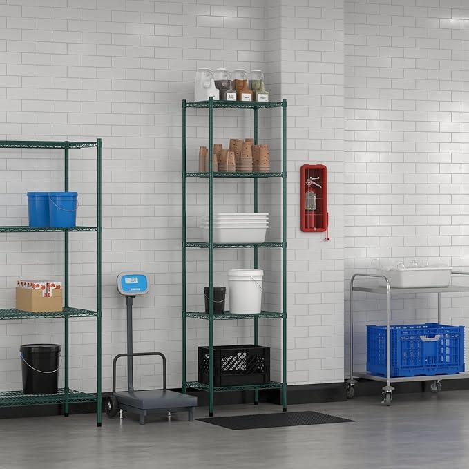 Commercial NSF Listed Green Epoxy Stationary Wire Shelving Kit 18" x 24" x 86", with 5 Shelves Perfect for Warehouse, Walk-in Refrigerator, Freezer, Grocery Store, Restaurant, Dishroom