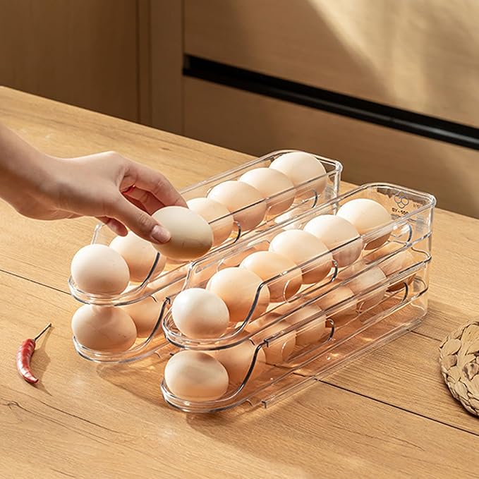 Egg Holder for Fridge 2 Tier Automatic Scrolling Egg Storage Clear Stackable Refrigerator Organizer Space Saving Kitchen Fridge Container for Home Restaurant Dispenser