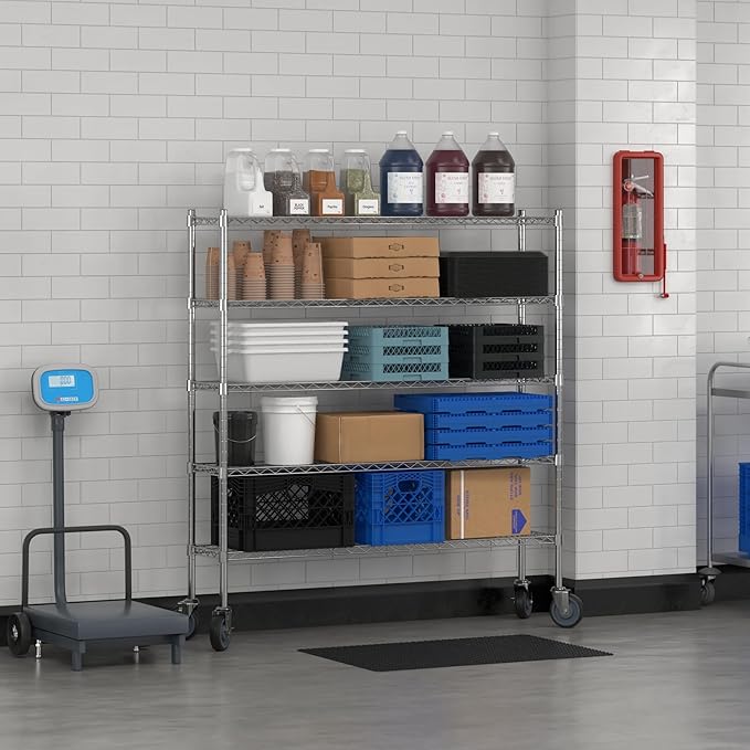 Commercial NSF Listed Chrome Mobile Wire Shelving Kit 12" x 54" x 60", with 5 Shelves Perfect for Warehouse, Walk-in Refrigerator, Freezer, Grocery Store, Restaurant, Dishroom