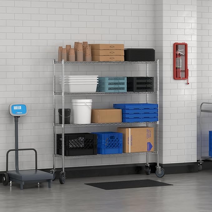 Commercial NSF Listed Chrome Mobile Wire Shelving Kit 12" x 54" x 60", with 4 Shelves Perfect for Warehouse, Walk-in Refrigerator, Freezer, Grocery Store, Restaurant, Dishroom