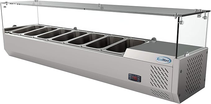 KoolMore Refrigerated Countertop Condiment Prep Station with Glass Sneeze Guard - Includes Seven 1/4 Pans, Silver, 59 Inch (SCDC-7T)