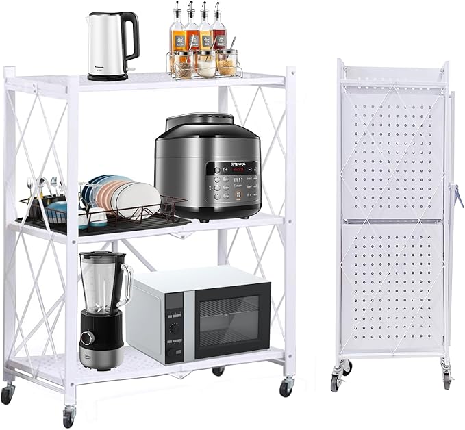 Foldable Storage Shelves with Wheels, Folding Shelving Units Storage, Heavy Duty Metal Collapsible Shelf No Assembly, Large Capacity Pop-Up Organizer for Garage,Kitchen,Living Room, 3-Tier White