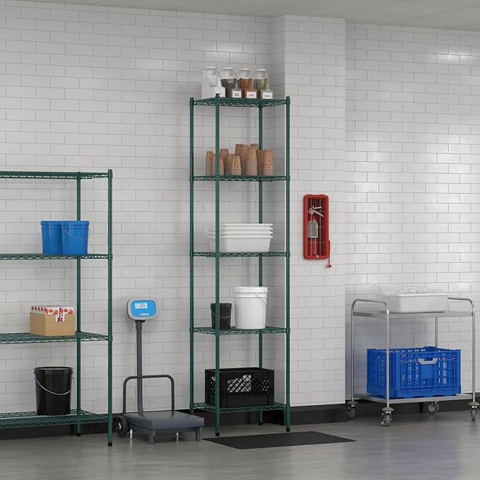 Commercial NSF Listed Green Epoxy Stationary Wire Shelving Kit 18" x 24" x 96", with 5 Shelves Perfect for Warehouse, Walk-in Refrigerator, Freezer, Grocery Store, Restaurant, Dishroom
