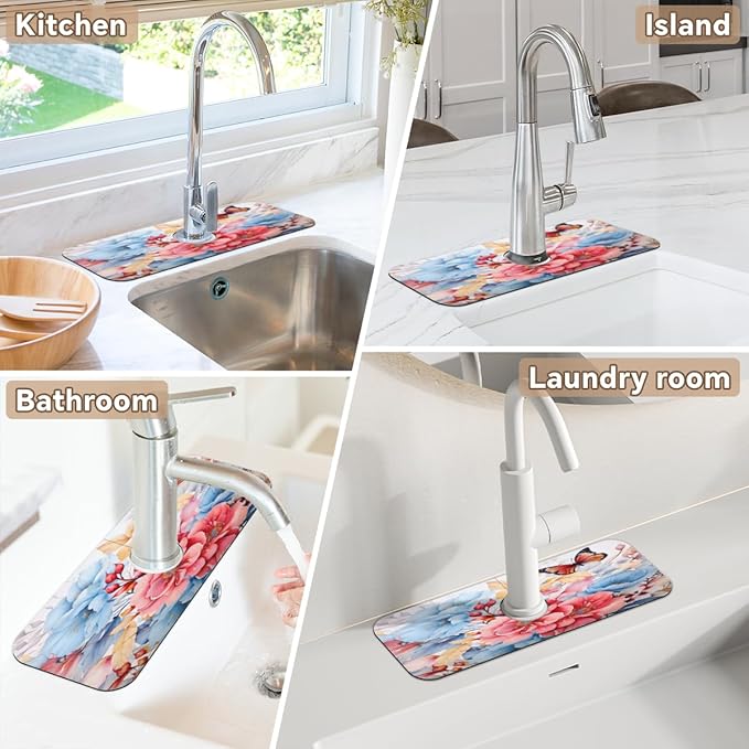 Pastel Flower Fusion Kitchen Faucet Mat Splash Guard, 15.4”x5.7” Absorbent Quick Drying Sink Mat for Countertop Protection, Draining Mat Sink Protectors For Kitchen Bathroom, 1 Pack