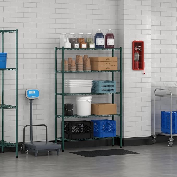 Commercial NSF Listed Green Epoxy Stationary Wire Shelving Kit 12" x 42" x 64", with 5 Shelves Perfect for Warehouse, Walk-in Refrigerator, Freezer, Grocery Store, Restaurant, Dishroom