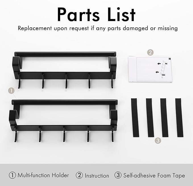 KES Over the Cabinet Door Towel Bar with Hooks, Kitchen Towel Holder with Hooks for Hanging Utensils, Over the Cabinet Door Organizer with Hook 2 Pack, Matte Black, KUR527-BK-P2