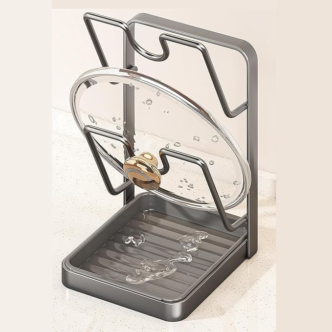 Kitchen Pot Lid Storage Rack, Pot-Lid Cutting Board Holder With Removable Drip Tray, Space-Saving Kitchen Pot Cover Organizer Stand for Countertop (White Double-layer)