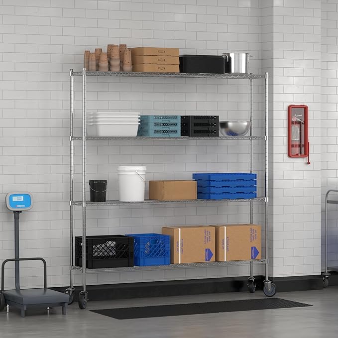 Commercial NSF Listed Chrome Mobile Wire Shelving Kit 12" x 72" x 80", with 4 Shelves Perfect for Warehouse, Walk-in Refrigerator, Freezer, Grocery Store, Restaurant, Dishroom