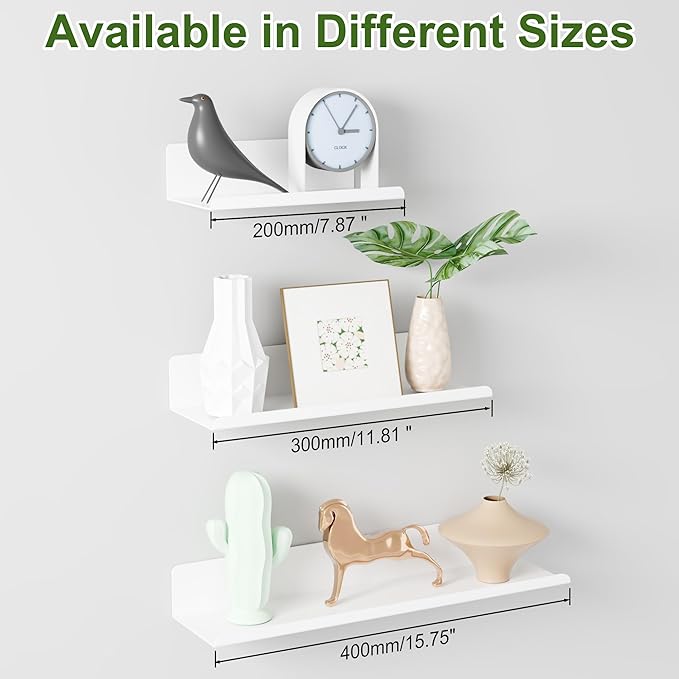 SAYAYO White Floating Shelves for Wall Storage, 8 Inch Adhesive Wall Shelves for Bedroom Decor, Small Display Bathroom Shelf Organizer for Kitchen, Living Room, Office, 2pcs