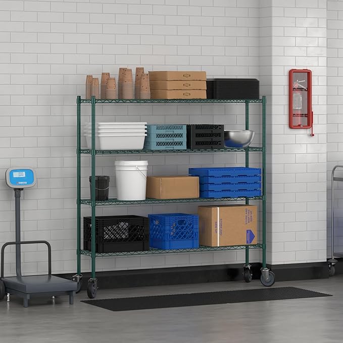 Commercial NSF Listed Green Epoxy Mobile Wire Shelving Kit 12" x 60" x 60", with 4 Shelves Perfect for Warehouse, Walk-in Refrigerator, Freezer, Grocery Store, Restaurant, Dishroom
