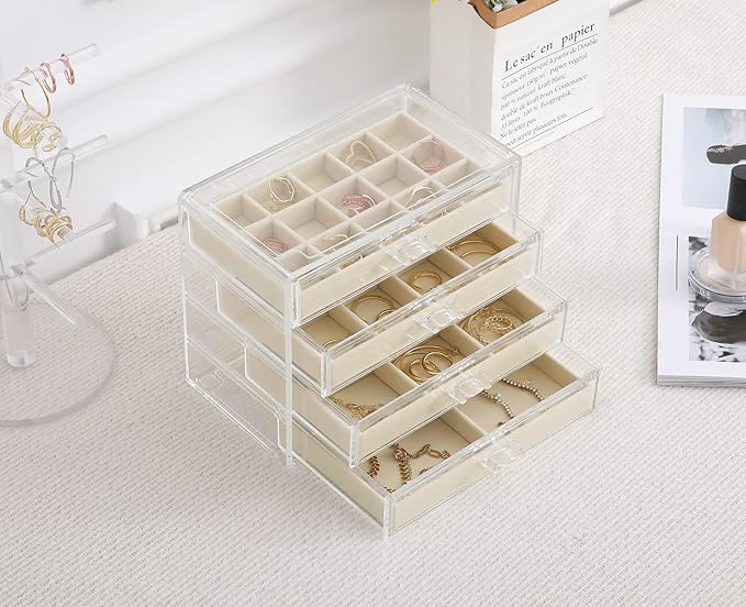 misaya Earring Organizer with 4 Drawers, 31-Slot Acrylic Jewelry Organizer Box for Women, Birthday Present, Cream