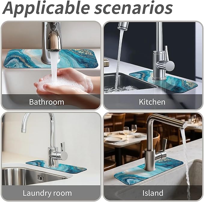 Kitchen Sink Splash Guard,Blue golden fluid marble Faucet Mat Sink Gadgets-Super Absorbent Fast Drying Mat Drip Catcher for Kitchen, Bathroom,Sink Mat, Dish Drying Mat, Bathroom(15" X 5.5" )