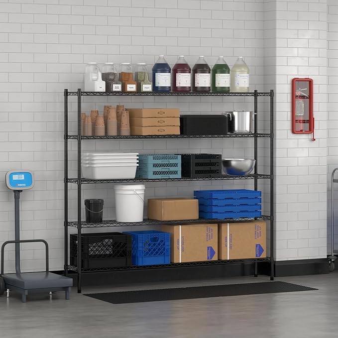 Commercial NSF Listed Black Epoxy Stationary Wire Shelving Kit 12" x 72" x 64", with 5 Shelves Perfect for Warehouse, Walk-in Refrigerator, Freezer, Grocery Store, Restaurant, Dishroom