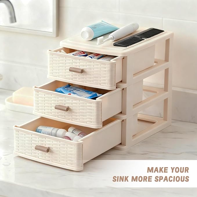 Small Storage Desk Drawer 3 Drawers Plastic Storage Mini White Plastic Weave Drawer Unit with Pull Handles Desk Organizer Small Bin Container for Office Supplies Craft Countertop Makeup Bathroom