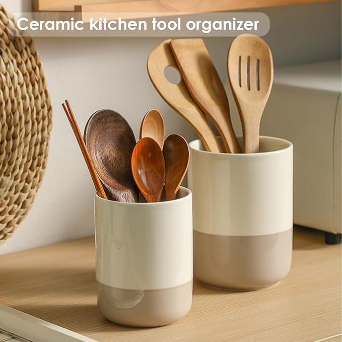 Ceramic Utensil Holder Set, 6.3''+5.3'' Cooking Utensil Crocks for Kitchen Counter, Modern Design Cooking Tool Organizer Set of 2, 800ml+1300ml Ideal for Spatula, Cutlery, Makeup, Flower Vase