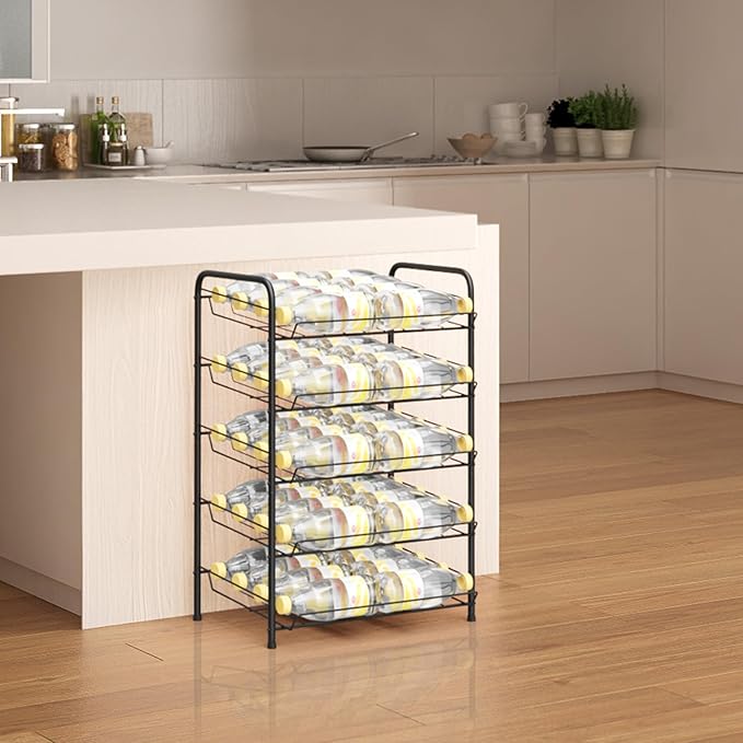 smusei 5 Tier Can Organizer for Pantry Shelf Large Capacity Drink Organizer Holds 60 Cans of Soda Can Dispenser with Adjustable Metal Diverter Strip for Kitchen Cabinet Cupboard, Black
