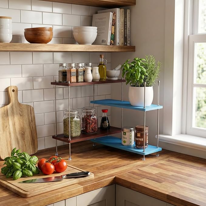 VINIUSIKI DIY Hight-Adjustable 4 Tier L-Shaped Countertop Shelf Organizer, Kitchen Spice Rack for Countertop, Wood Coffee Counter Shelf Organizer for Home - 15.7"x15.7"x16.14" (LxWxH)