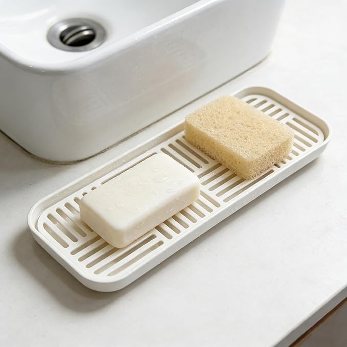 WUCYLKA Kitchen Sink Organizer Sink Caddy, Plastic Sponge & Soap Holder with Double-Layer Drain Rack – Countertop Sink Tray for Sponge, Soap, Dish Brush, Cup, and Wire Scrubber(White 2P)