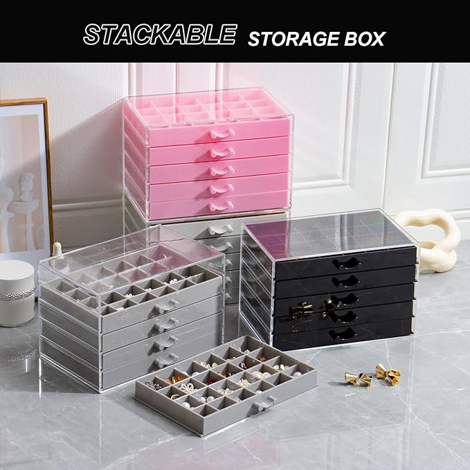 Earring Storage Box Organizer, Acrylic Jewelry Storage Box Holder 5 Drawers Transparent Jewelry Display Stand with 120 Small Compartments Gift Boxes for Women Girls (Beige)