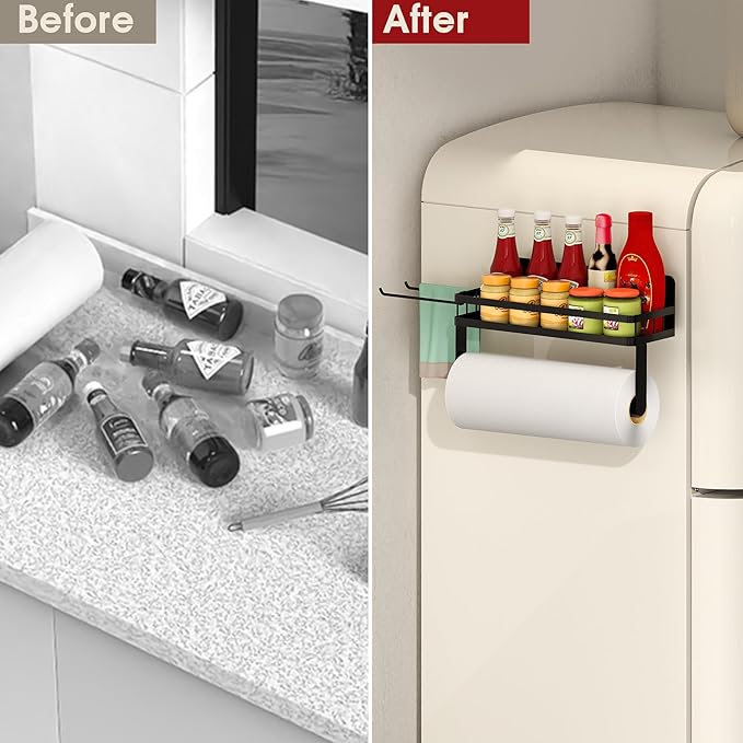YIGII Magnet Paper Towel Holder for Refrigerator, 2-in-1 Black Spice Rack Organizer Strong Magnets, Kitchen Roll Holder with Storage Shelf and 2 Hooks, Heavy Duty