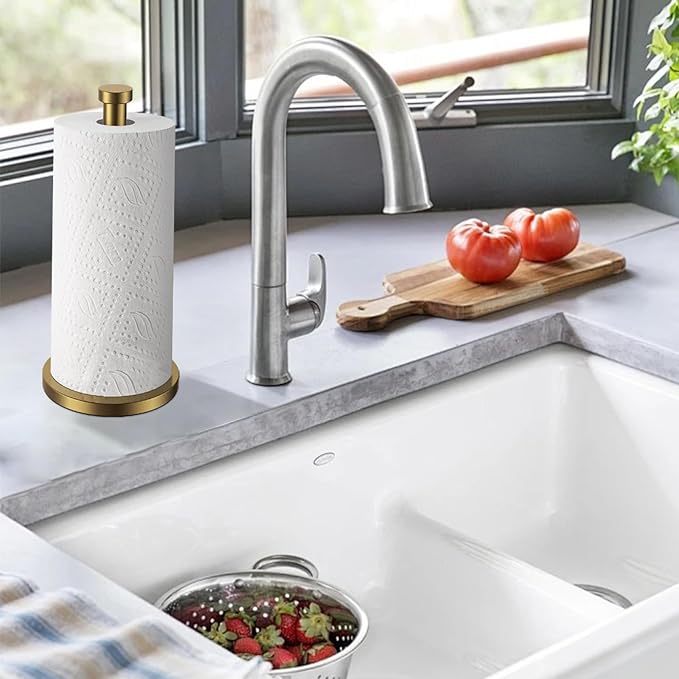 Paper Towel Holder Countertop, Gold Paper Towel Roll Holder for Kitchen Bathroom, One-Handed Operation Stainless Steel Paper Towel Holder with Weighted Base