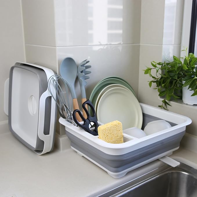 Collapsible Dish Drying Rack with Drain Plug and Swivel Spout - Lightweight, Compact and Space-Saving Dish Drainer Organizer for Kitchen, RV, Campers and Travel Trailers