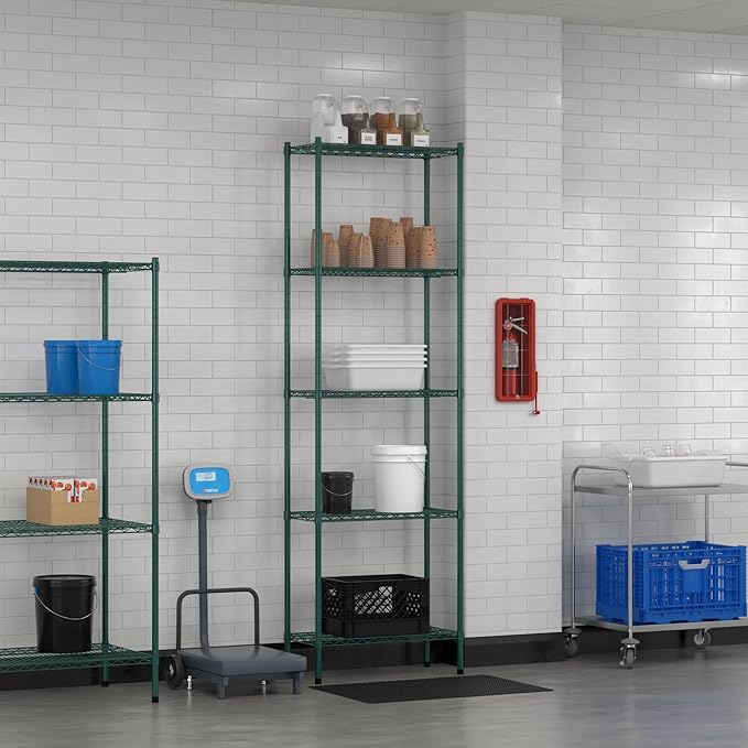 Commercial NSF Listed Green Epoxy Stationary Wire Shelving Kit 14" x 30" x 96", with 5 Shelves Perfect for Warehouse, Walk-in Refrigerator, Freezer, Grocery Store, Restaurant, Dishroom