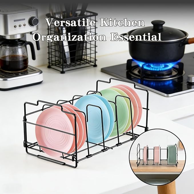 Lid Organizer, Lid Organizer for Plastic Lids, 13.6×8.5×7.1 Inches, Large Capacity Adjustable with 4 Removable Dividers, Black for Kitchen Cabinets, Drawers