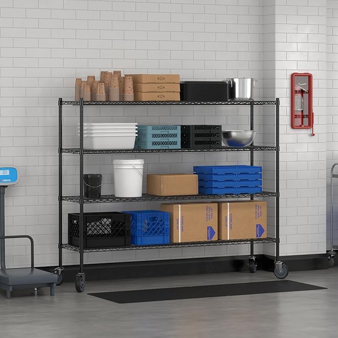 Commercial NSF Listed Black Epoxy Mobile Wire Shelving Kit 18" x 72" x 60", with 4 Shelves Perfect for Warehouse, Walk-in Refrigerator, Freezer, Grocery Store, Restaurant, Dishroom