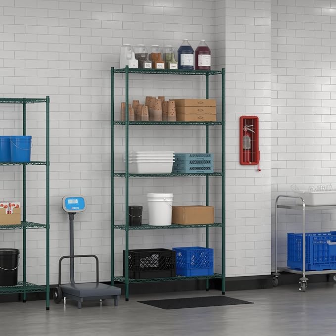 Commercial NSF Listed Green Epoxy Stationary Wire Shelving Kit 14" x 42" x 86", with 5 Shelves Perfect for Warehouse, Walk-in Refrigerator, Freezer, Grocery Store, Restaurant, Dishroom