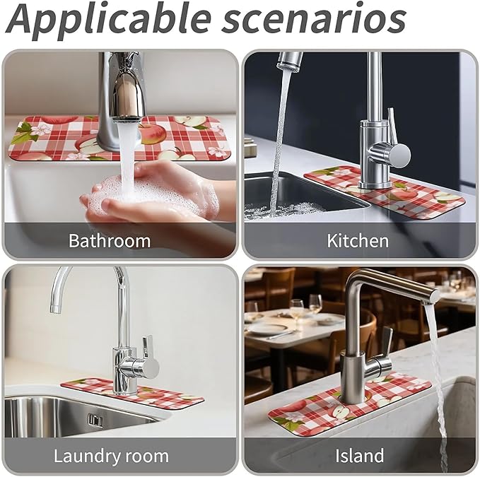 Kitchen Sink Splash Guard,Apple-on a checkered Faucet Mat Sink Gadgets-Super Absorbent Fast Drying Mat Drip Catcher for Kitchen, Bathroom,Sink Mat, Dish Drying Mat, Bathroom(15" X 5.5" )