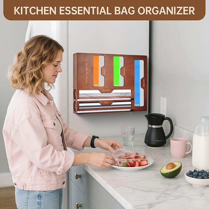 Magnetic Ziplok Bag Organizer for Refrigerator or Drawer, Natural Bamboo Foil and Plastic Wrap Organizer with Cutter, Storage Bag Holder for Gallon, Quart, Sandwich, Snack Food Bags
