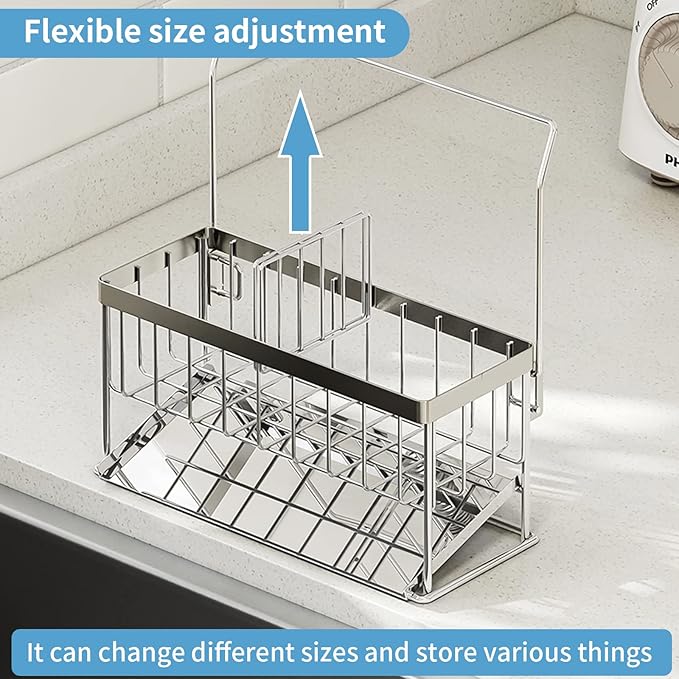Kitchen Sink Caddy - Sponge Brush Holder with Removable Slope Drip Tray SUS304 Stainless Steel Rustproof Sink Rack