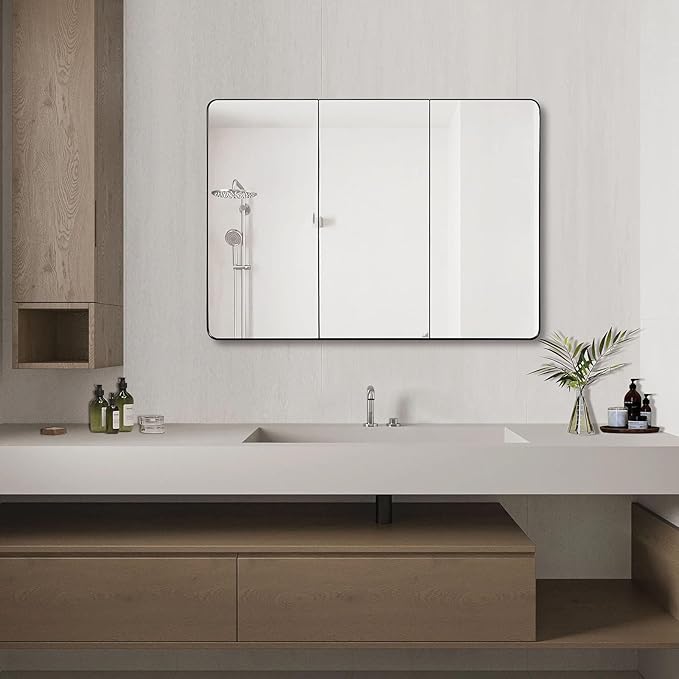 Bathroom Mirror Medicine Cabinet with Round Corner Framed Door 48 x 30 inch, Black,Recessed or Surface Mount, with Adjustable Glass Shelves