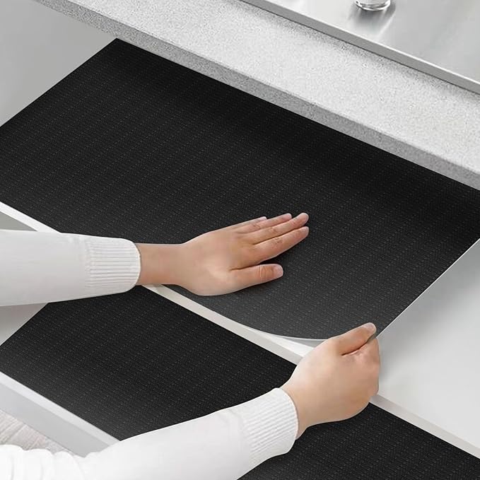 Shinlendid Shelf and Drawer Liner for Kitchen Cabinets Non-Adhesive, Strong Grip Non-Slip Thickened Cabinet Liners for Shelves, Waterproof Mats for Dresser Cupboard, Black, 17 in x 30 Feet