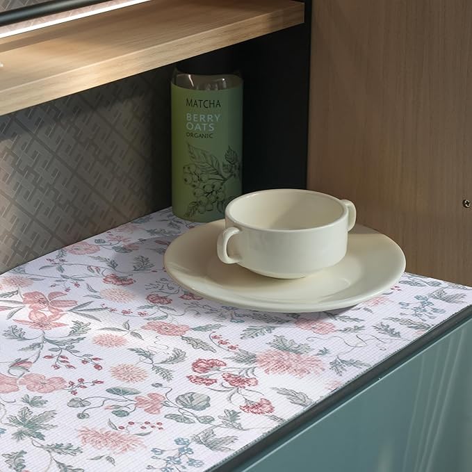 Amiitay Floral Drawer and Shelf Liner for Cabinets, 12IN x 20FT Non-Adhesive and Strong Non-Slip Shelf Cabinet Drawer Liners for Kitchen, Table,Bookshelves,Waterproof Cupboard Liners,Easy to Clean