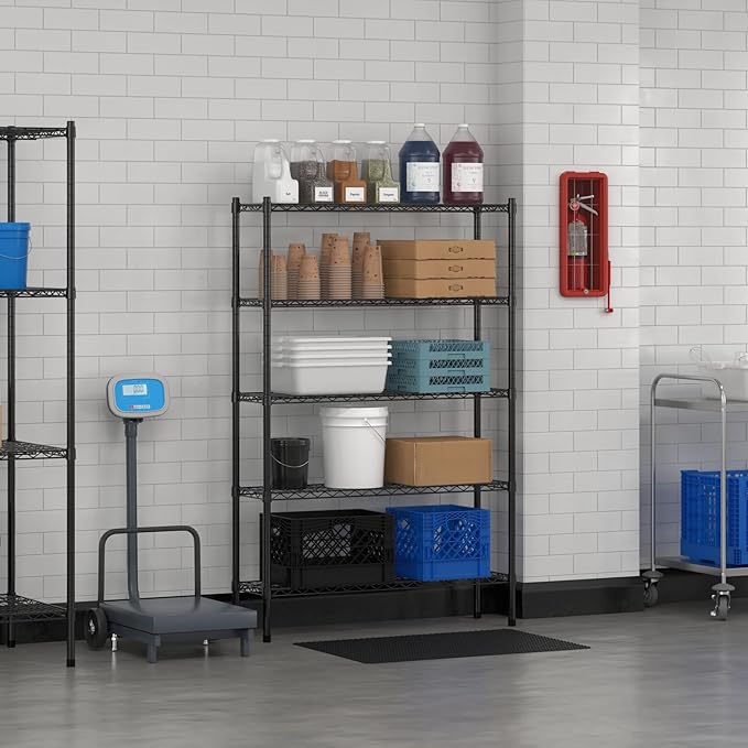 Commercial NSF Listed Black Epoxy Stationary Wire Shelving Kit 12" x 42" x 64", with 5 Shelves Perfect for Warehouse, Walk-in Refrigerator, Freezer, Grocery Store, Restaurant, Dishroom